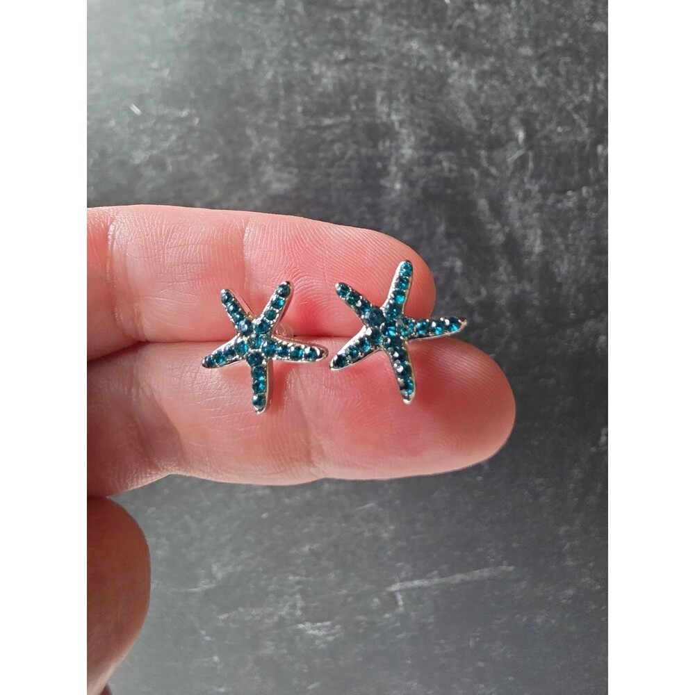 Starfish Shaped Aqua Rhinestone Silver Tone Metal Stud Earrings Vintage READ